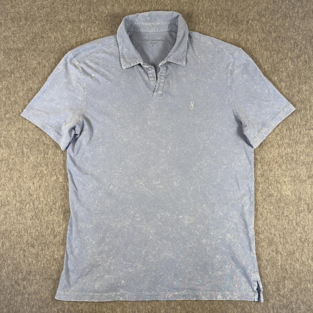 John Varvatos Polo Shirt Mens Small Blue Acid Wash Peace Logo Jersey Knit Casual